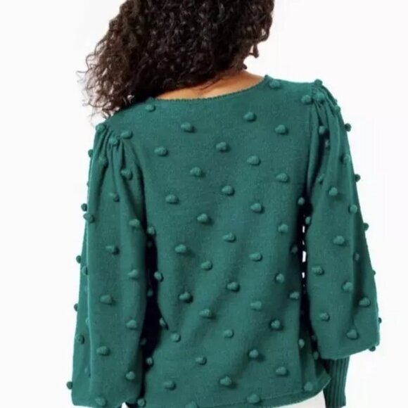 Lilly Pulitzer Women's Size Medium Green Kippa Sweater Pouf Sleeveless Balls - Picture 8 of 10